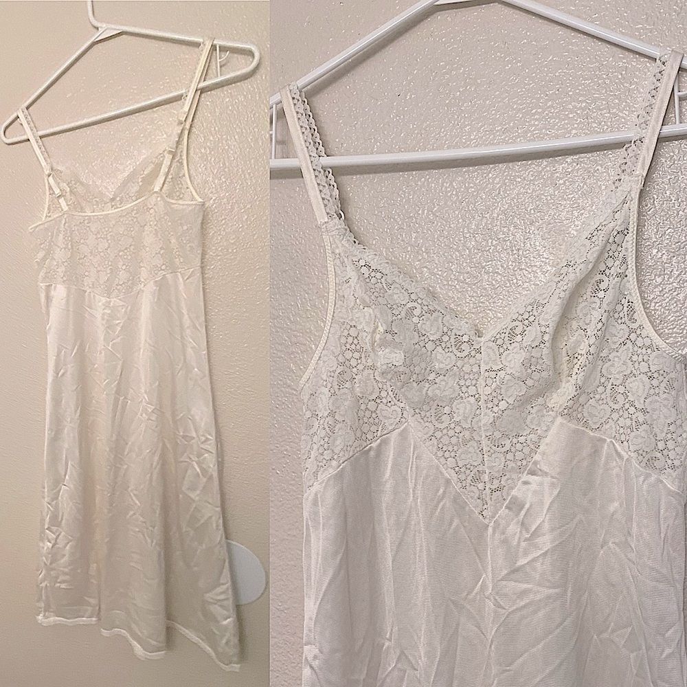 Vintage white lace Chemise slip dress nylon blend Lingerie Nightgown 34 S/M